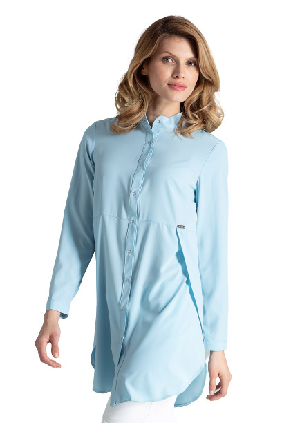 Sukienka Koszulowa Mini Rozpinana Z Dekoltem Na Stójce - niebieska
